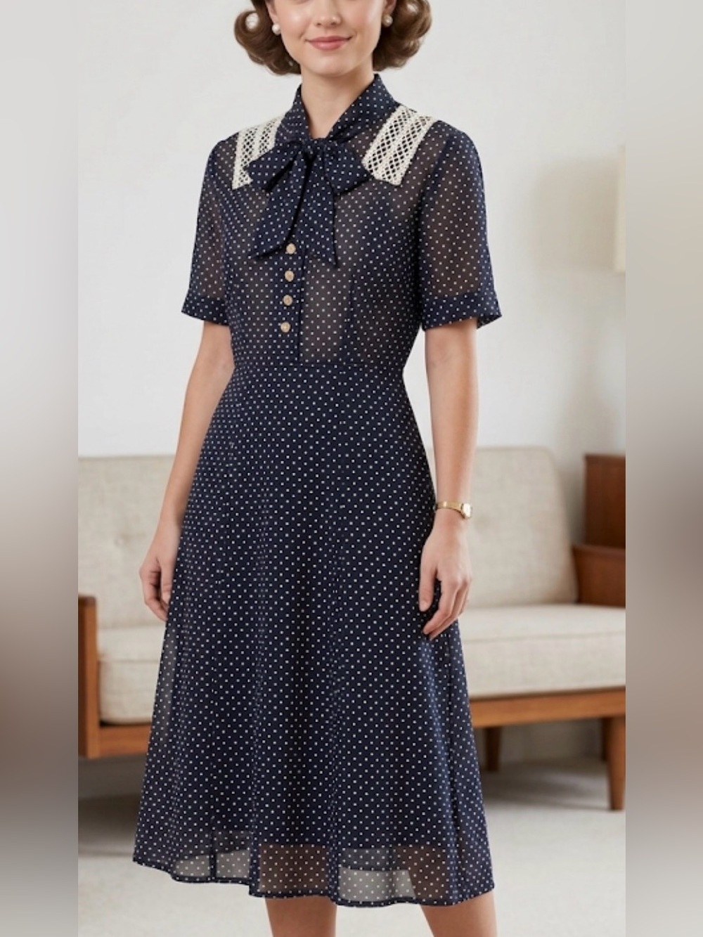 VTG Helen Hensley 60s Polka Dot Sheer Swiss Dot Bow Midi Dress Navy Blue no belt